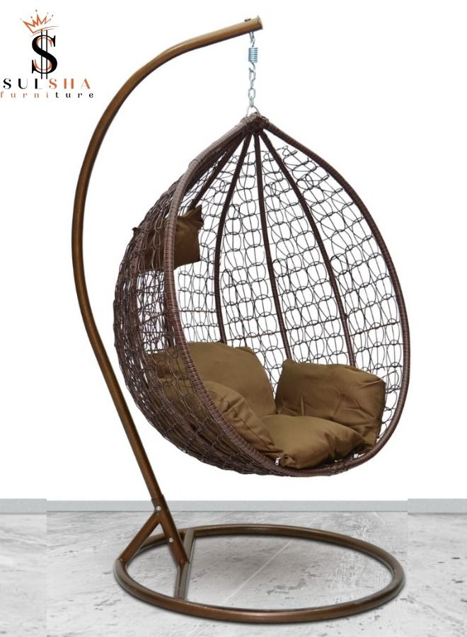 SULSHA Hanging Egg Indoor Outdoor Patio Wicker Rattan Swing Chair with UV Resistant Random Washable Cushions & Iron Frame for Garden, Living Room & Backyard - Brown - Image 1