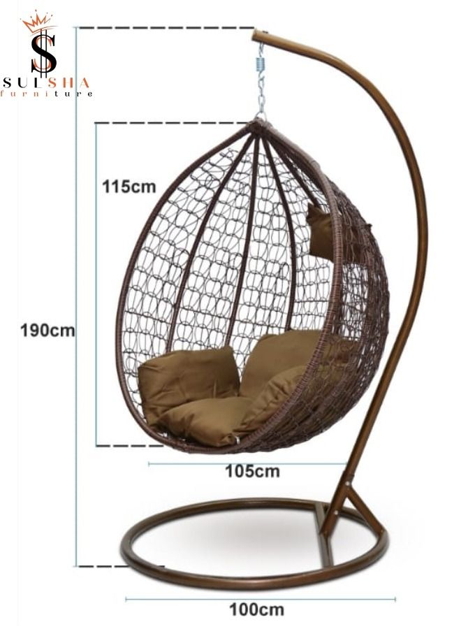 SULSHA Hanging Egg Indoor Outdoor Patio Wicker Rattan Swing Chair with UV Resistant Random Washable Cushions & Iron Frame for Garden, Living Room & Backyard - Brown - Image 2