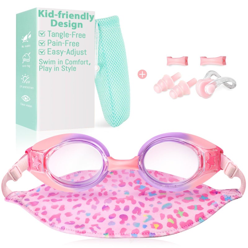 Pixel Panda Kids Goggles with Fabric Strap for 3-14, No Hair Pulling, Swim Goggles for Boy & Girls, Ideal for Swim Class, Pink-purple - Image 1