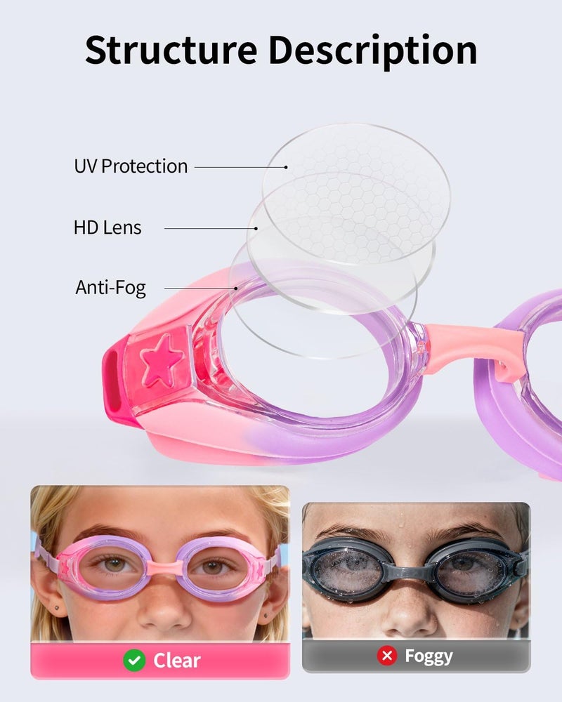 Pixel Panda Kids Goggles with Fabric Strap for 3-14, No Hair Pulling, Swim Goggles for Boy & Girls, Ideal for Swim Class, Pink-purple - Image 5