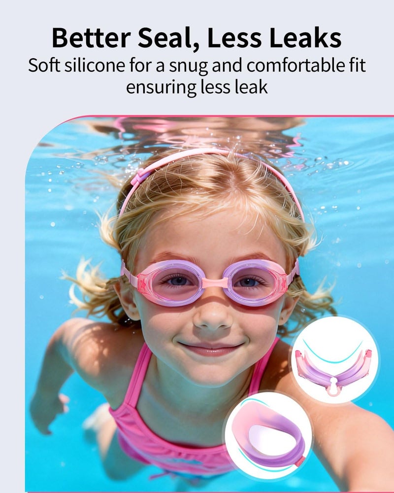 Pixel Panda Kids Goggles with Fabric Strap for 3-14, No Hair Pulling, Swim Goggles for Boy & Girls, Ideal for Swim Class, Pink-purple - Image 4