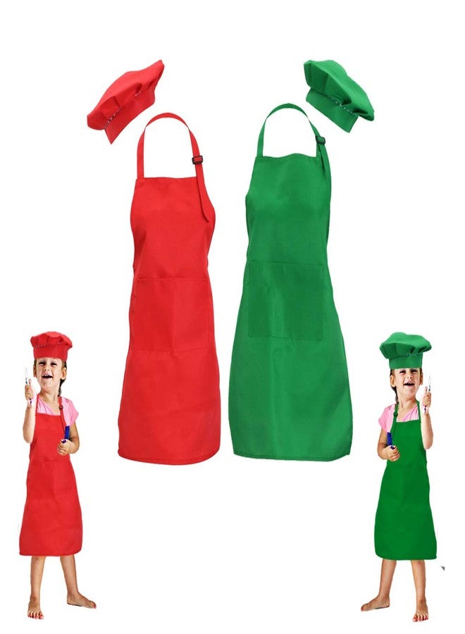 multifuns 2 Sets Green&Red Kids Apron and Chef Hat Set-Childrens Kids Apron for Girls Boys Cooking Painting Baking Wear 5-12 Ages. - Image 1