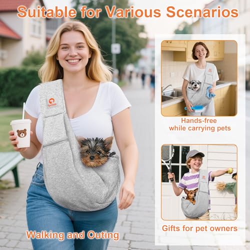 Tomkas Small Dog Cat Sling Carrier Puppy Purse Travel Wrap Soft Crossbody Pet Bag Grey M Zip Pocket Classic Strap - Image 3