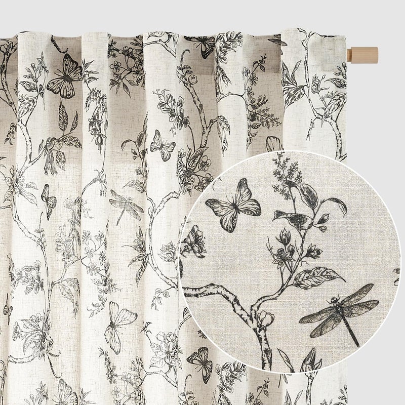 Lazzzy Charlotte Black Floral Linen Farmhouse Curtains 96 Inches Long Back Tab Drapes for Living Room Bedroom Light Filtering Country Vintage Rod Pocket Curtains,2 Panels, Black on Beige - Image 1