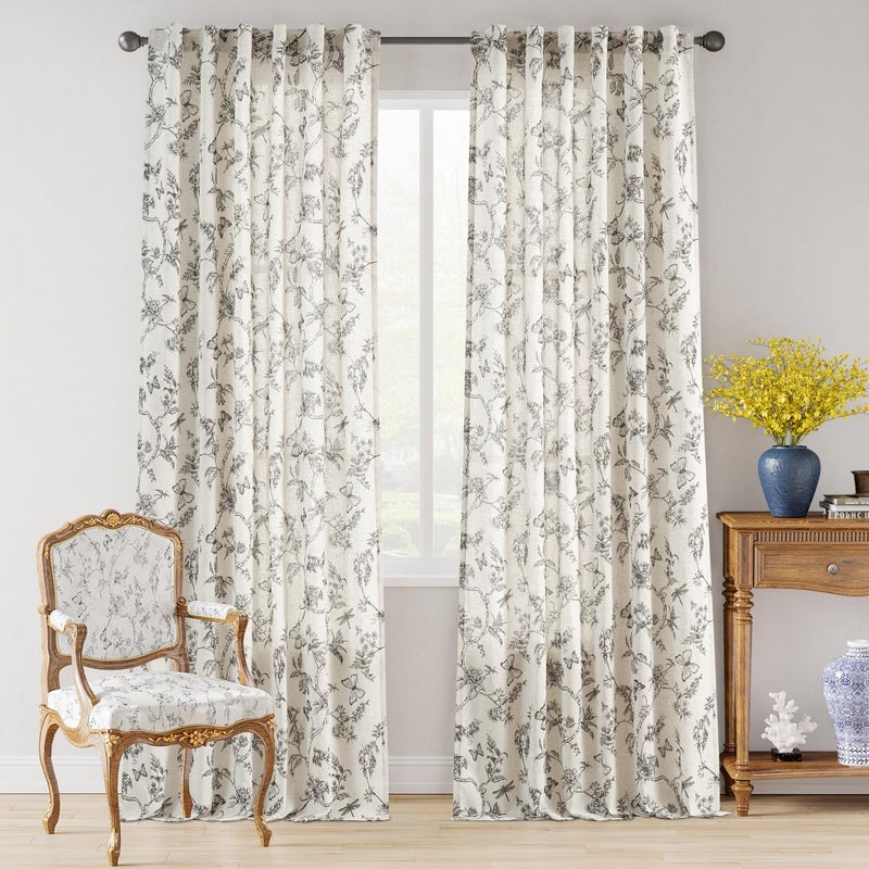 Lazzzy Charlotte Black Floral Linen Farmhouse Curtains 96 Inches Long Back Tab Drapes for Living Room Bedroom Light Filtering Country Vintage Rod Pocket Curtains,2 Panels, Black on Beige - Image 2
