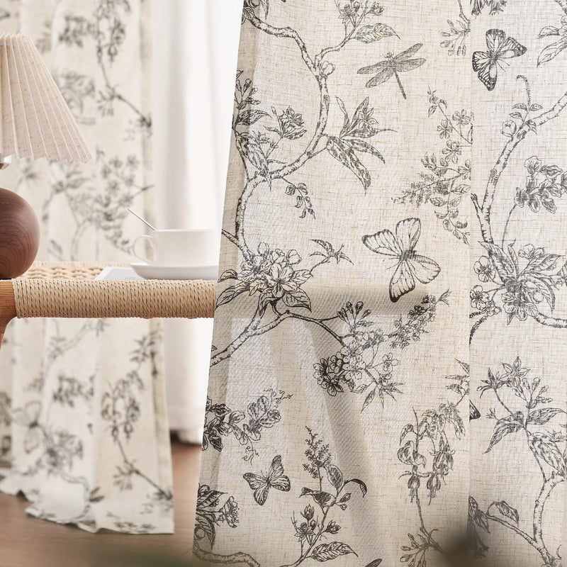 Lazzzy Charlotte Black Floral Linen Farmhouse Curtains 96 Inches Long Back Tab Drapes for Living Room Bedroom Light Filtering Country Vintage Rod Pocket Curtains,2 Panels, Black on Beige - Image 4