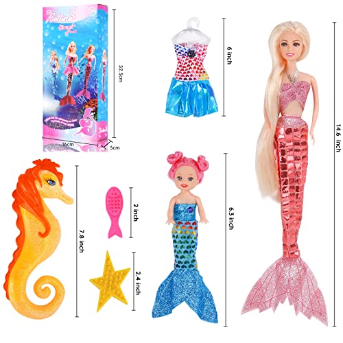 BETTINA 12'' Mermaid Princess Doll with 3'' Mermaid & Seahorse Play Gift Set | Mermaid Toys with Accessories and Doll Clothes for Little Girls (Pink) - Image 5