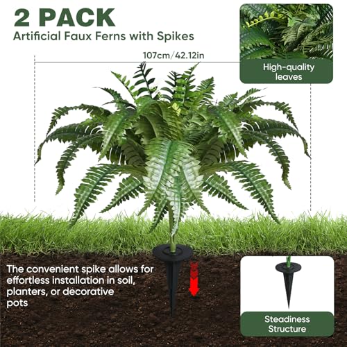 FAJUNZH 2 Pack Fake Artificial Ferns with Spike for Outdoors Look Real, 38 Branches Large Faux Boston Planter Realistic UV Resistant Hanging Artificial Fake Plants for Porch Patio - Image 2