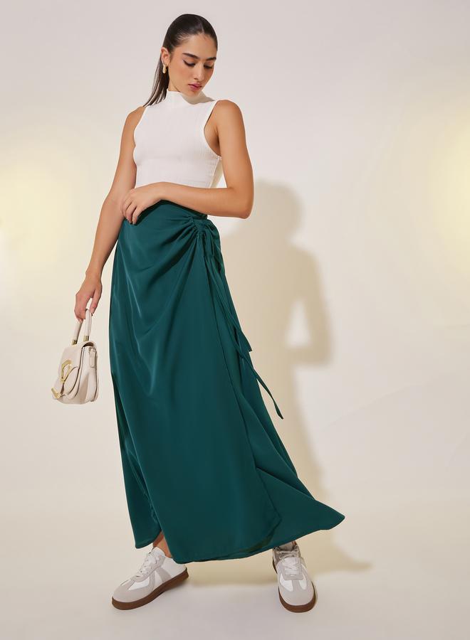 Take Two Solid Drawstring Tie Wrap Midi Skirt - Image 1