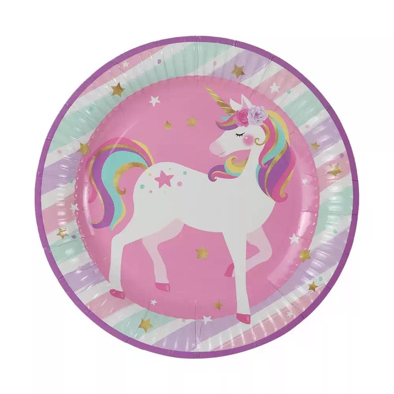 Party Fun Round Paper Plates with Unicorn Design Pink- 23cm/9inch
