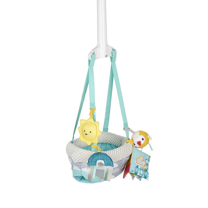 evenflo Evenflo Exersaucer Baby Hanging Clampable Doorway Jumper with 4 Removable Toys Peek a Boo Flip Book and Mirror Sweet Skies