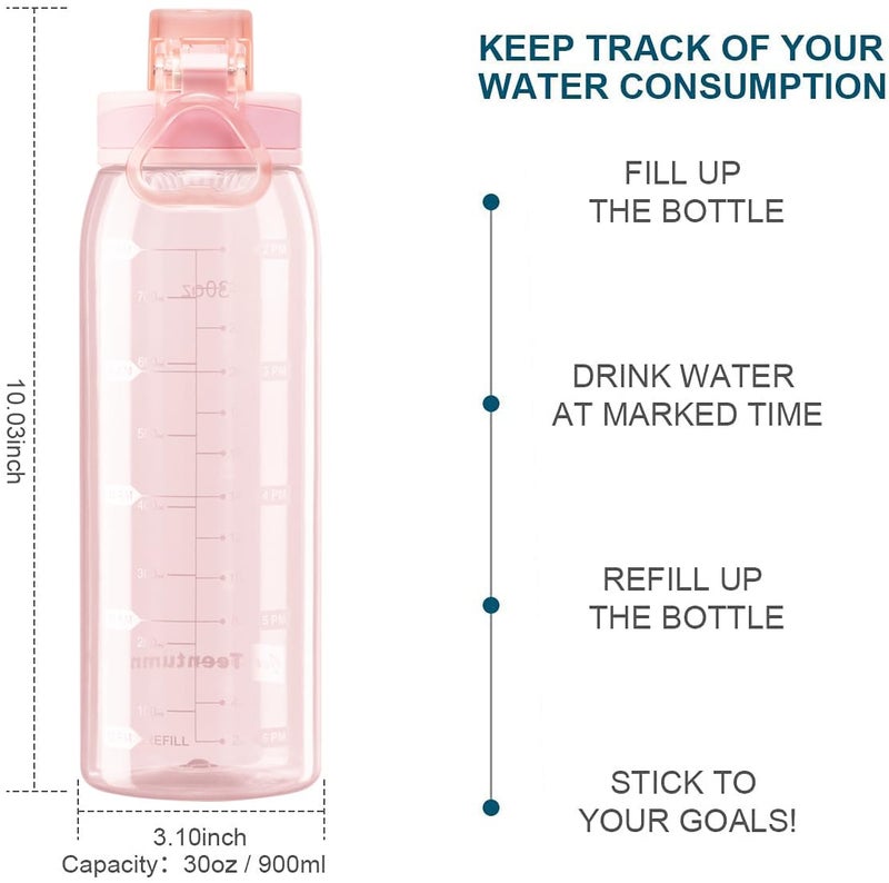 Teentumn Water Bottle BPA Free Tritan with Time Markers, 30oz Large Durable Gym Plastic Bottle for Fitness, Outdoor Enthusiasts, Leakproof Clear Pink (Pack of 1) - Image 2