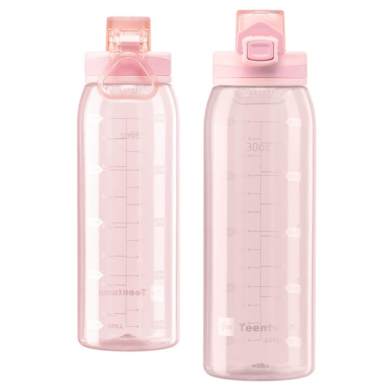 Teentumn Water Bottle BPA Free Tritan with Time Markers, 30oz Large Durable Gym Plastic Bottle for Fitness, Outdoor Enthusiasts, Leakproof Clear Pink (Pack of 1) - Image 4