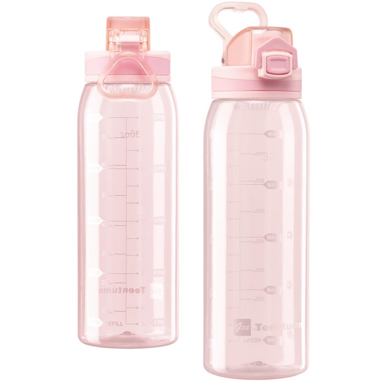 Teentumn Water Bottle BPA Free Tritan with Time Markers, 30oz Large Durable Gym Plastic Bottle for Fitness, Outdoor Enthusiasts, Leakproof Clear Pink (Pack of 1) - Image 1