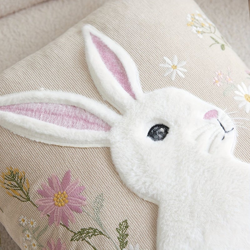 Easter Floral Rabbit Embroidered Pillow Cover Khaki 17.72x17.72inch Decorative Indoor Cushion Cover Insert Not Included - Image 2