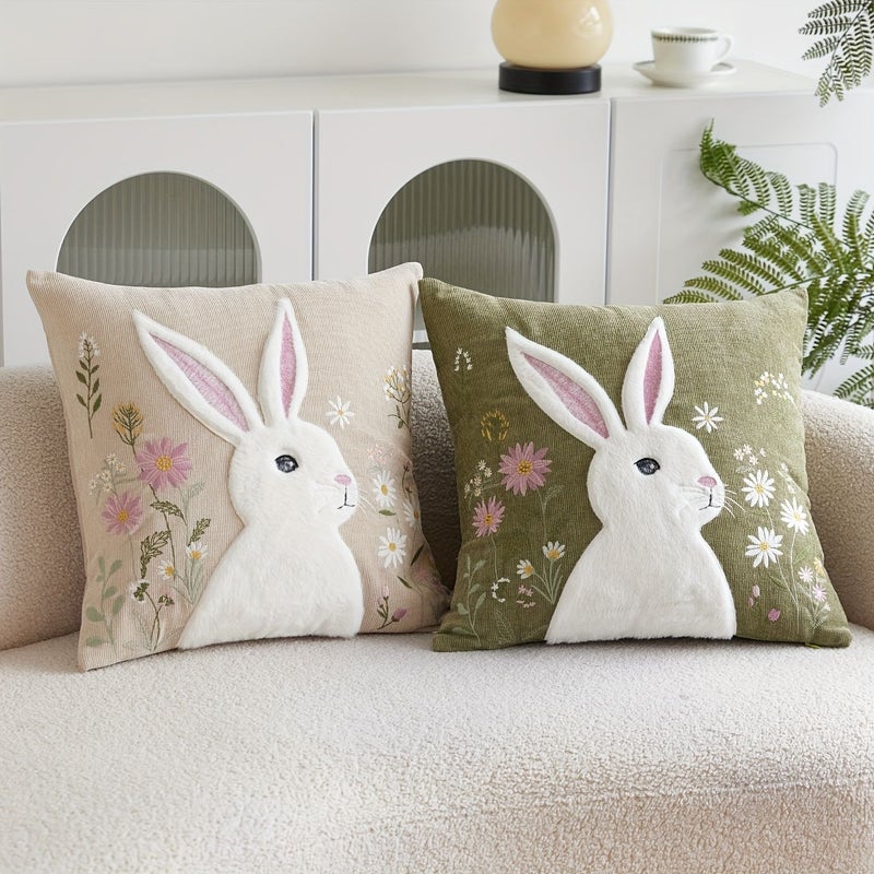 Easter Floral Rabbit Embroidered Pillow Cover Khaki 17.72x17.72inch Decorative Indoor Cushion Cover Insert Not Included - Image 1