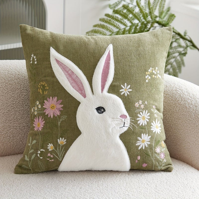 Easter Floral Rabbit Embroidered Pillow Cover Khaki 17.72x17.72inch Decorative Indoor Cushion Cover Insert Not Included - Image 5