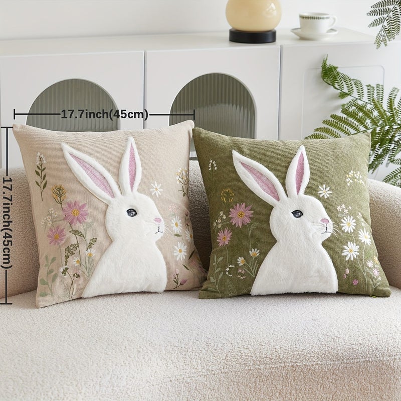 Easter Floral Rabbit Embroidered Pillow Cover Khaki 17.72x17.72inch Decorative Indoor Cushion Cover Insert Not Included - Image 3
