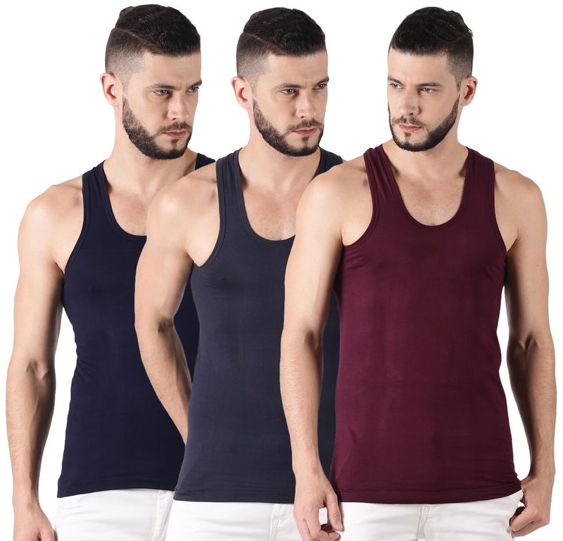 Dollar Lehar Combed Cotton Men's Multicolour Vest - Pack of 3 - Actual Colour May Vary - Image 1