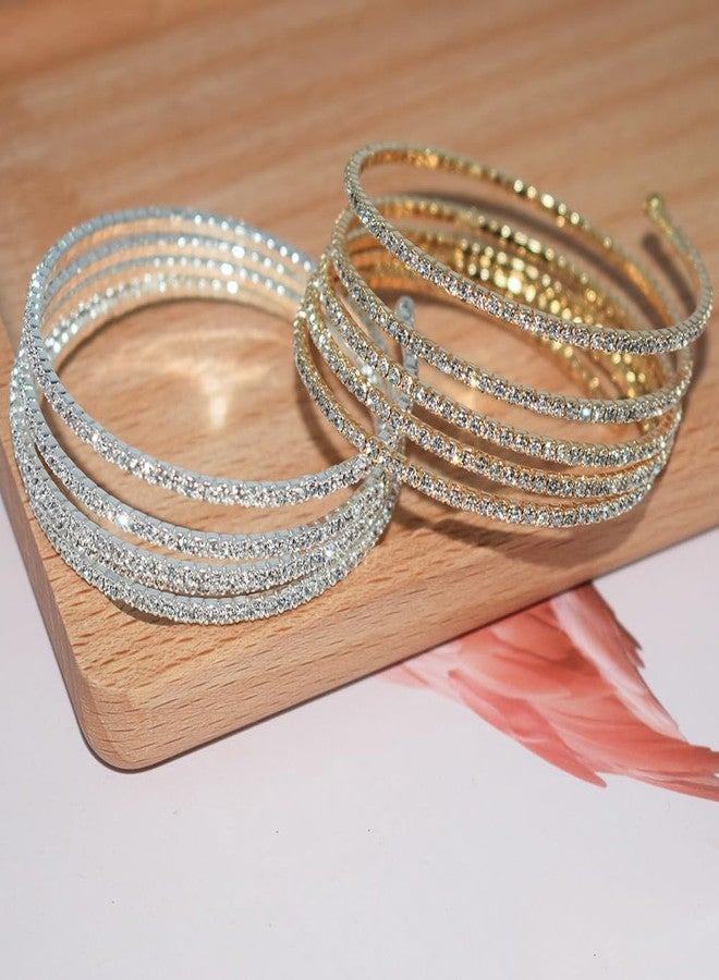 Pingyongchang Rhinestone Arm Cuff Jewelry for Women - Multilayer Sparkling Crystal Bracelet, Upper Arm Bangle Strand Wrap - Silver Prom Bridal Jewelry for Party Bride Wedding - 5 Layers Gold - Image 5