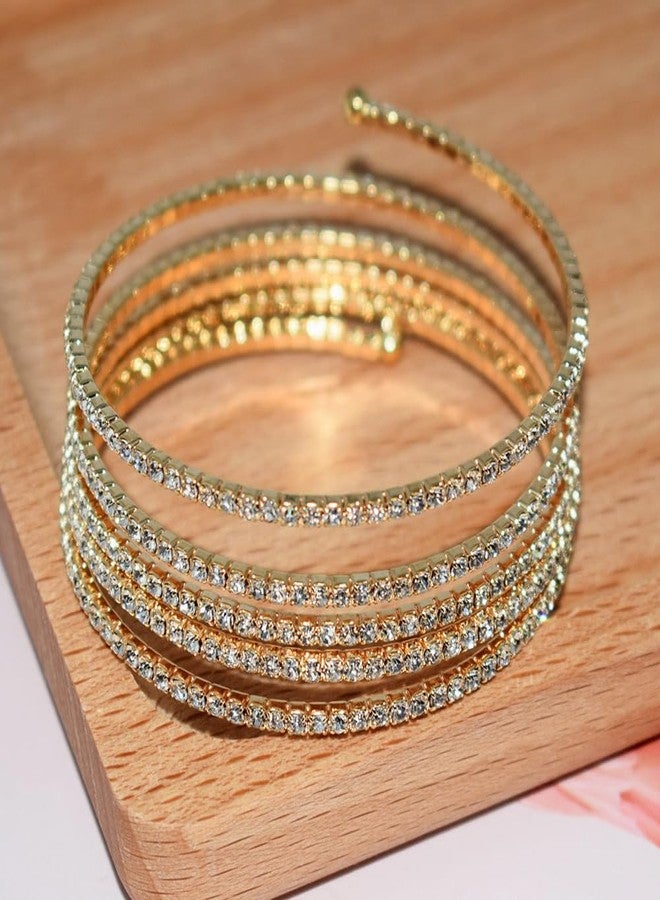 Pingyongchang Rhinestone Arm Cuff Jewelry for Women - Multilayer Sparkling Crystal Bracelet, Upper Arm Bangle Strand Wrap - Silver Prom Bridal Jewelry for Party Bride Wedding - 5 Layers Gold - Image 3