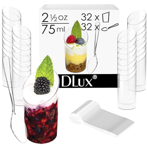 DLux 32 x 25 oz Mini Dessert Cups with Spoons Slanted Round  Clear Plastic Parfait Appetizer Cup  Small Reusable Serving Bowl for Tasting Party Desserts Appetizers  With Recipe Ebook
