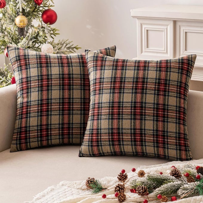 CHRISTMAS SET OF 2 SCOTTISH TARTAN PLAID THROW PILLOW COVERS FARMHOUSE CLASSIC DECORATIVE SQUARE CUSHION CASES FOR DECOR SOFA COUCH 18X18 INCH KHAKI