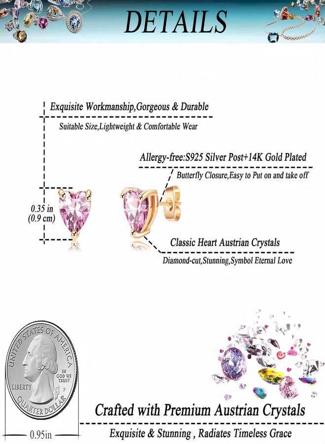 EVEVIC Heart Austrian Crystal Stud Earrings for Women Fashion 925 Sterling Silver Hypoallergenic Jewelry (Pink) - Image 4