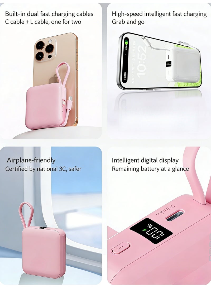 22.5W Fast Charging Mini Power Bank with Built-in Dual Cables (Type-C & Lightning), 10000mAh Portable Charger with LED Digital Display, Compact & Airplane-Friendly Battery Pack for iPhone 17/16/15/14, Samsung, Huawei & Tablets - Pink - Image 4