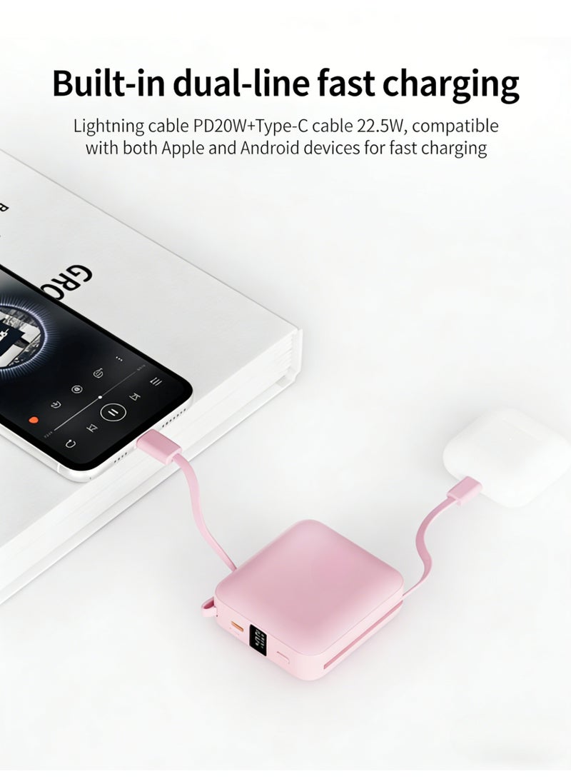 22.5W Fast Charging Mini Power Bank with Built-in Dual Cables (Type-C & Lightning), 10000mAh Portable Charger with LED Digital Display, Compact & Airplane-Friendly Battery Pack for iPhone 17/16/15/14, Samsung, Huawei & Tablets - Pink - Image 3