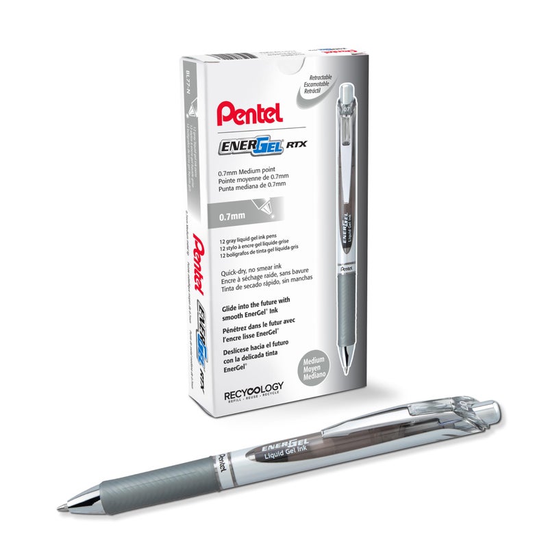 Pentel Energel Rtx Retractable Liquid Gel Ink Pen  (0.7Mm) Medium Line  Gray Ink  Box Of 12 Pens (Bl77-N) - Image 1