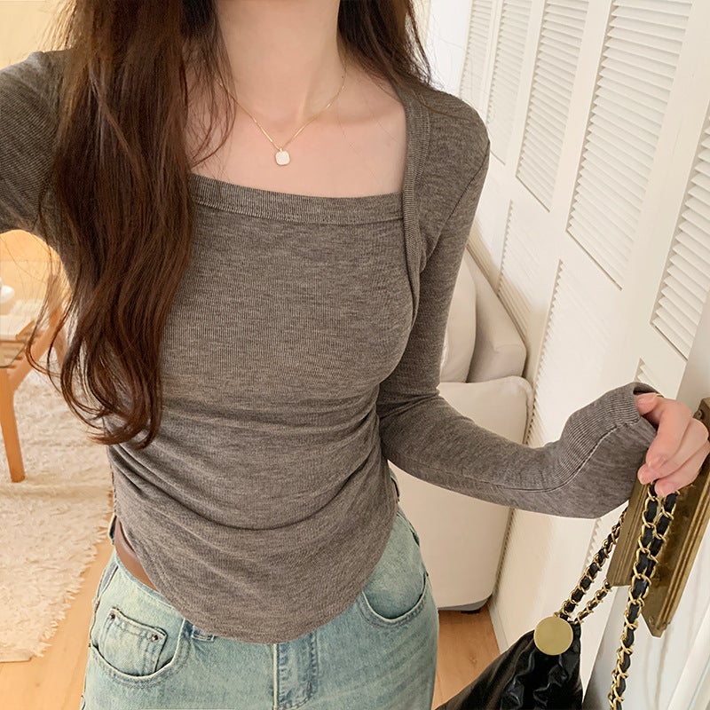 Dxh-401-405 Real Pograph Irregular Square Collar Fleece-Lined T-Shirt Women'S Long Sleeve Inner Base Shirt Repair - Image 3