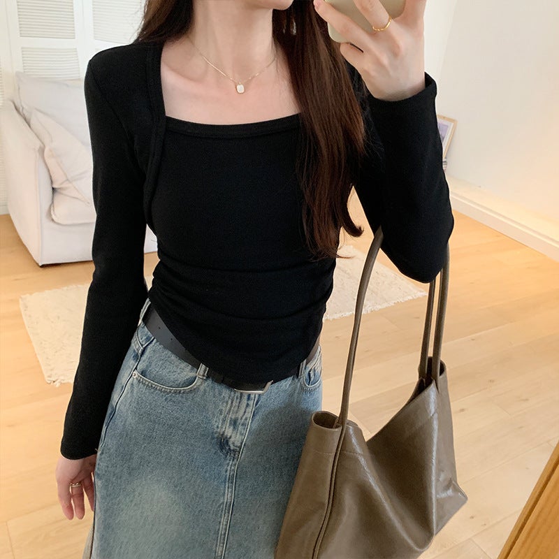 Dxh-401-405 Real Pograph Irregular Square Collar Fleece-Lined T-Shirt Women'S Long Sleeve Inner Base Shirt Repair - Image 1