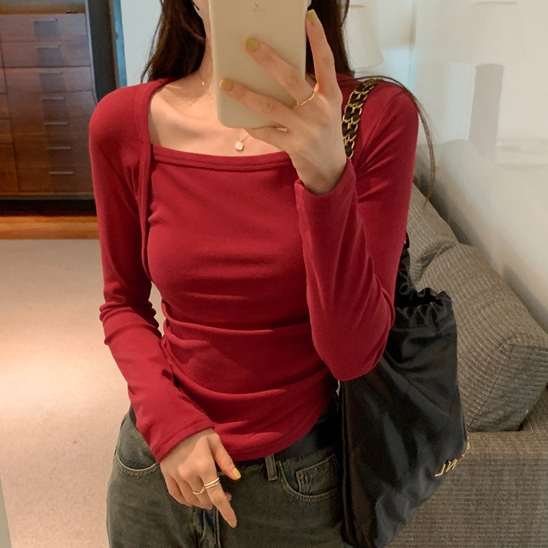 Dxh-401-405 Real Pograph Irregular Square Collar Fleece-Lined T-Shirt Women'S Long Sleeve Inner Base Shirt Repair - Image 2