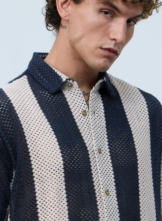 The Souled Store Men Navy Open-Knit Striped Shirt
