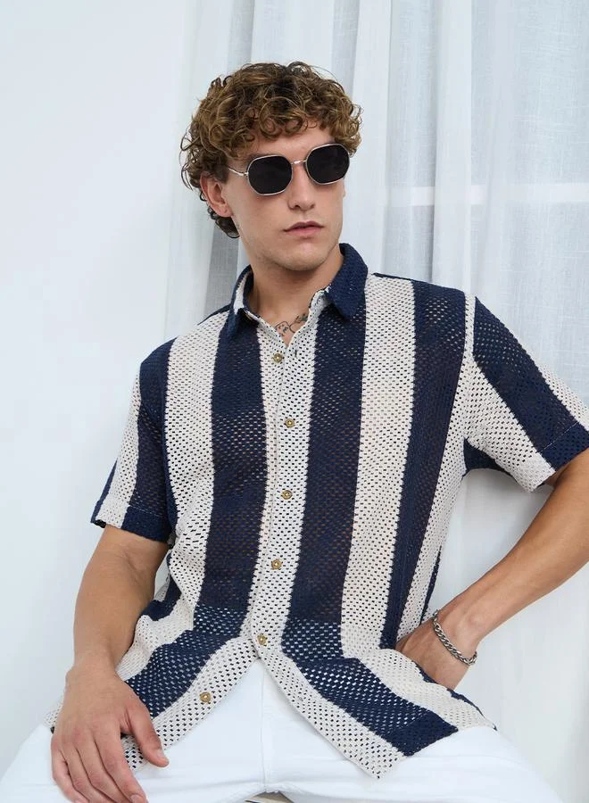 The Souled Store Men Navy Open-Knit Striped Shirt