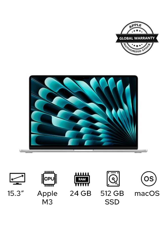 MacBook Air MC9J4 | 15.3 Inch Display | Apple M3 Chip | 8‑Core CPUAnd 10‑Core GPU | 24GB RAM | 512GB SSD | macOS | English Keyboard | Silver