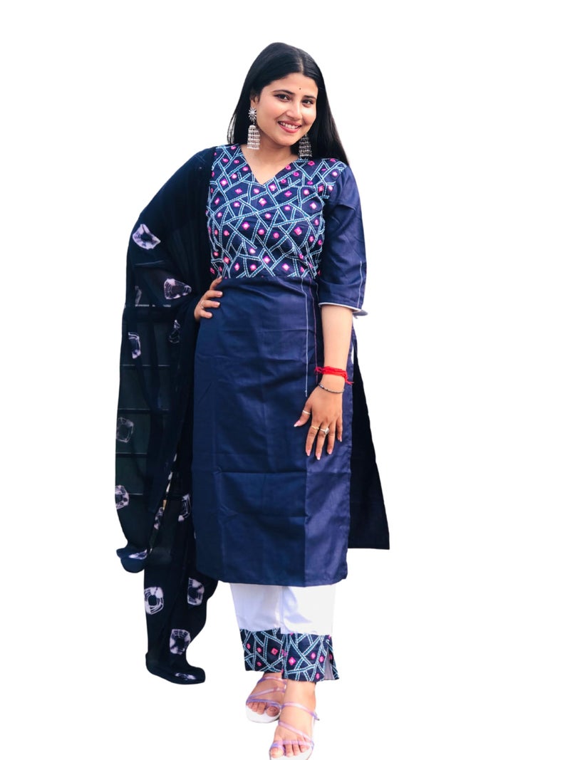 EthnicJunction Women's Cotton Blend Embroidered Mirror Work Kurta Pant and Dupatta Set Navy Blue - Image 1