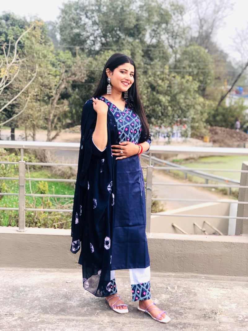 EthnicJunction Women's Cotton Blend Embroidered Mirror Work Kurta Pant and Dupatta Set Navy Blue - Image 2