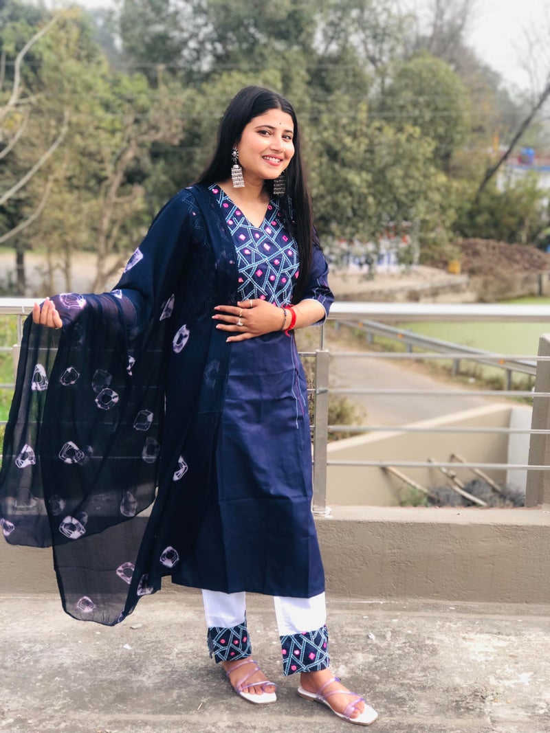 EthnicJunction Women's Cotton Blend Embroidered Mirror Work Kurta Pant and Dupatta Set Navy Blue - Image 5