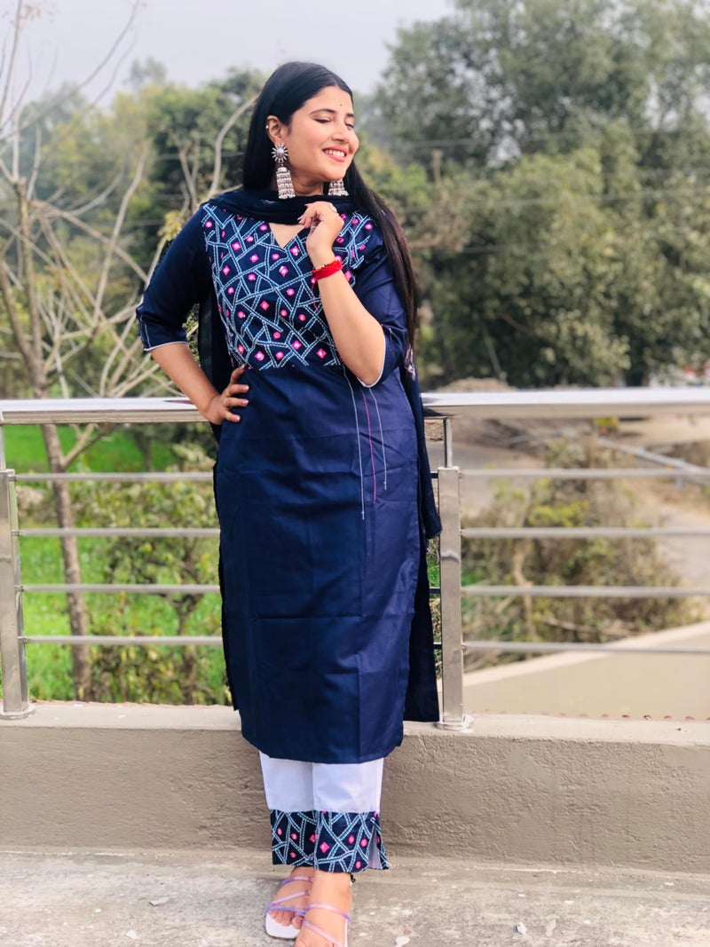EthnicJunction Women's Cotton Blend Embroidered Mirror Work Kurta Pant and Dupatta Set Navy Blue - Image 4