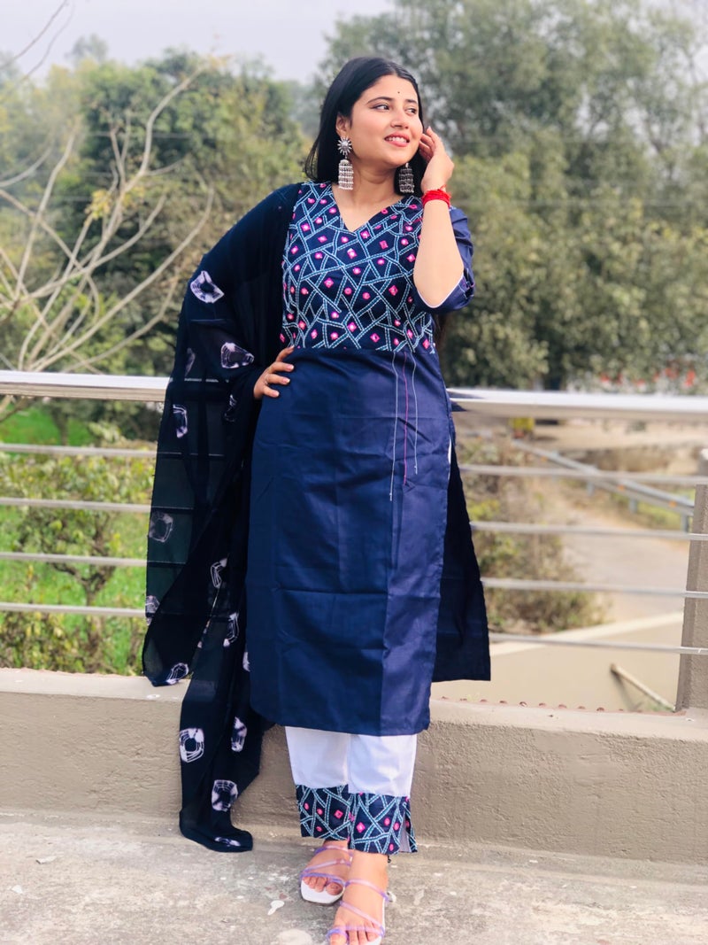 EthnicJunction Women's Cotton Blend Embroidered Mirror Work Kurta Pant and Dupatta Set Navy Blue - Image 3