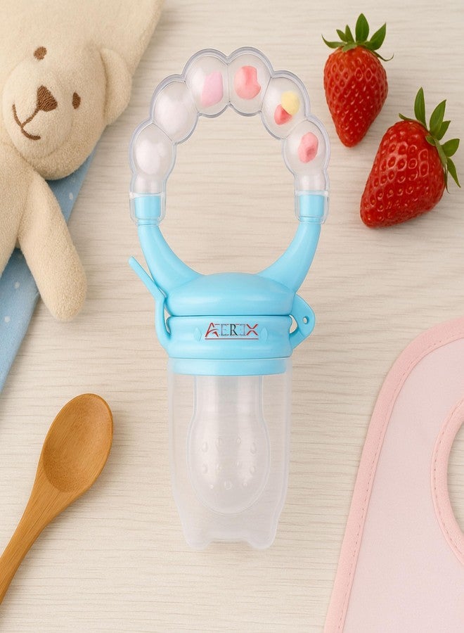 AEREX BPA Free Silicone Food Nibbler with Extra 2 Different Size Mesh Nipple for Fruit and Veggies with Rattle Handle for Baby (Multi-Color) (White) - Image 1