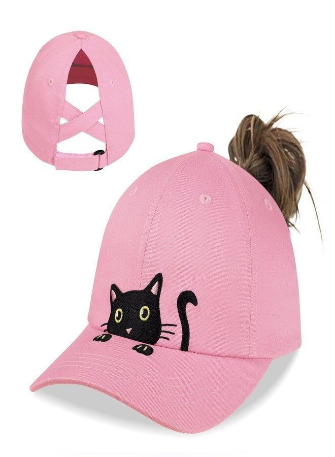 LUCKYBUNNY Girls Ponytail Hat Criss Cross Baseball Cap Cute Cat Embroidered Trucker Hat for Women Pink - Image 1