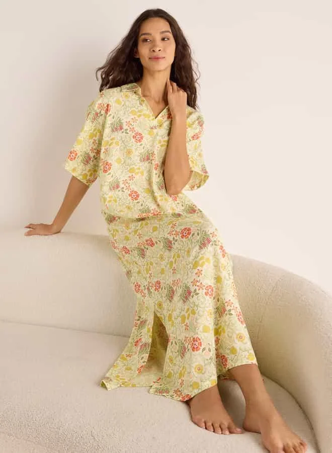Splash FAV Floral Print Night Dress with Collar and Short Sleeves