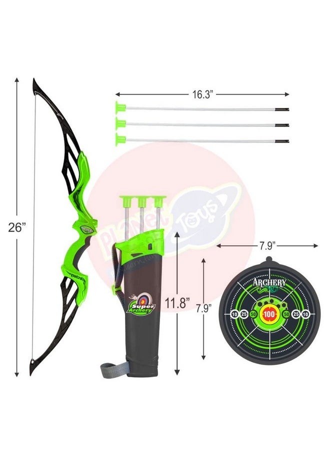 Planet of Toys - Planet of Toys Super Archery Bow and Arrow Set with Dart Target Board, Colourful with 3 Suction Cup Tip Arrows - Green - Image 1