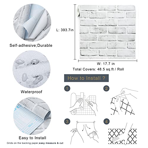 Timeet Brick Wallpaper Peel and Stick Wallpaper White Grey Brick Wallpaper Self Adhesive Removable Wall Paper for Bedroom Living Room Decoration 17.7in x 393.7in - Image 3
