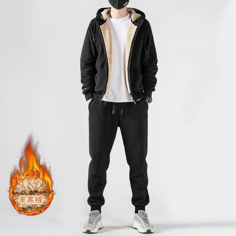 Mens Casual Sweatshirt  Pants Set Solid Color Warm Zip sweatshirt + pants [sheep wool two-piece set]