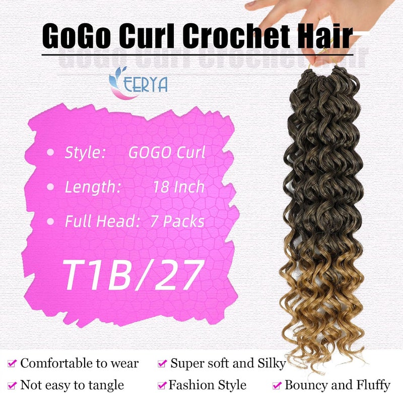 Eerya 7 Packs GoGo Curl Crochet Hair 18 Inch Short Curly Crochet Hair for Women Beach Curl Water Wave Deep Twist Crochet Braids Synthetic Braiding Hair Extensions(18 Inch, T1B/27) - Image 3