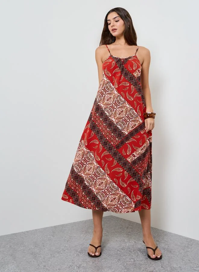 تايك تو Red Paisley Print Shift Midi Dress